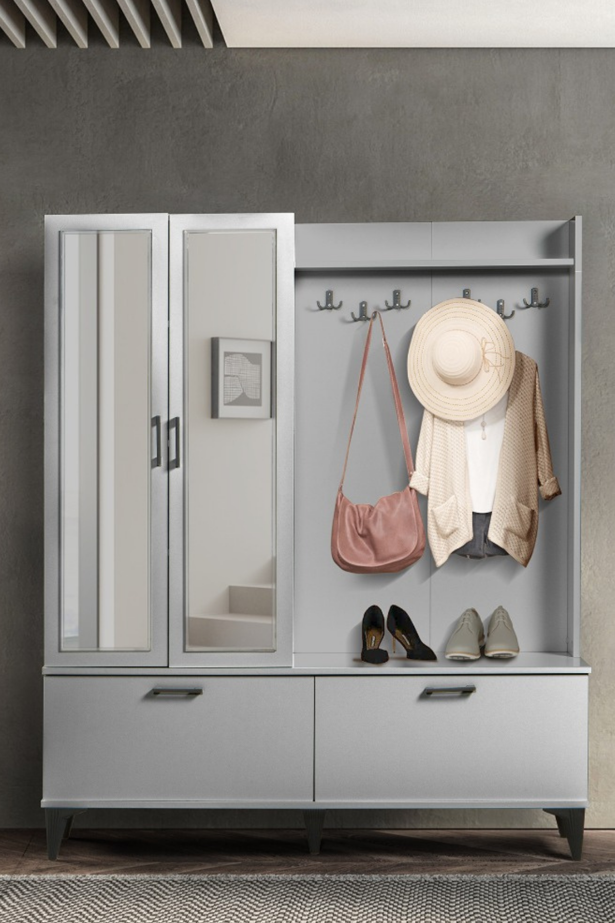 Polo 2 İki Kapılı Gri Aynalı Portmanto,Vestiyer,Ayakkabılık