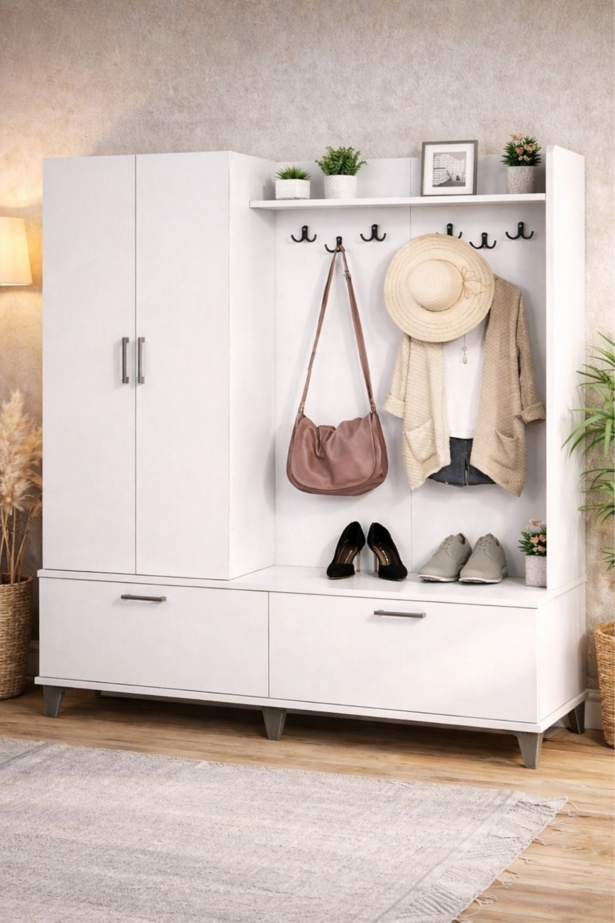 POLO Beyaz 2 iki Kapılı 2 Kapaklı Portmanto,Vestiyer Elbise Askılığı ve Ayakkabılık