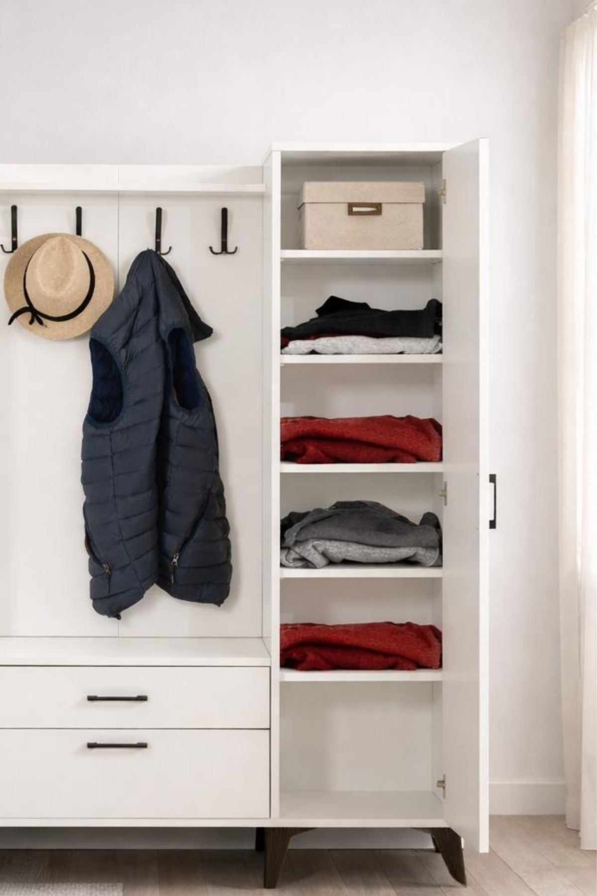 Lotus 2 (İKİ) Kapılı Beyaz Aynalı Kapaklı Elbise Askılığı, Vestiyer, Portmanto, Ayakkabılık