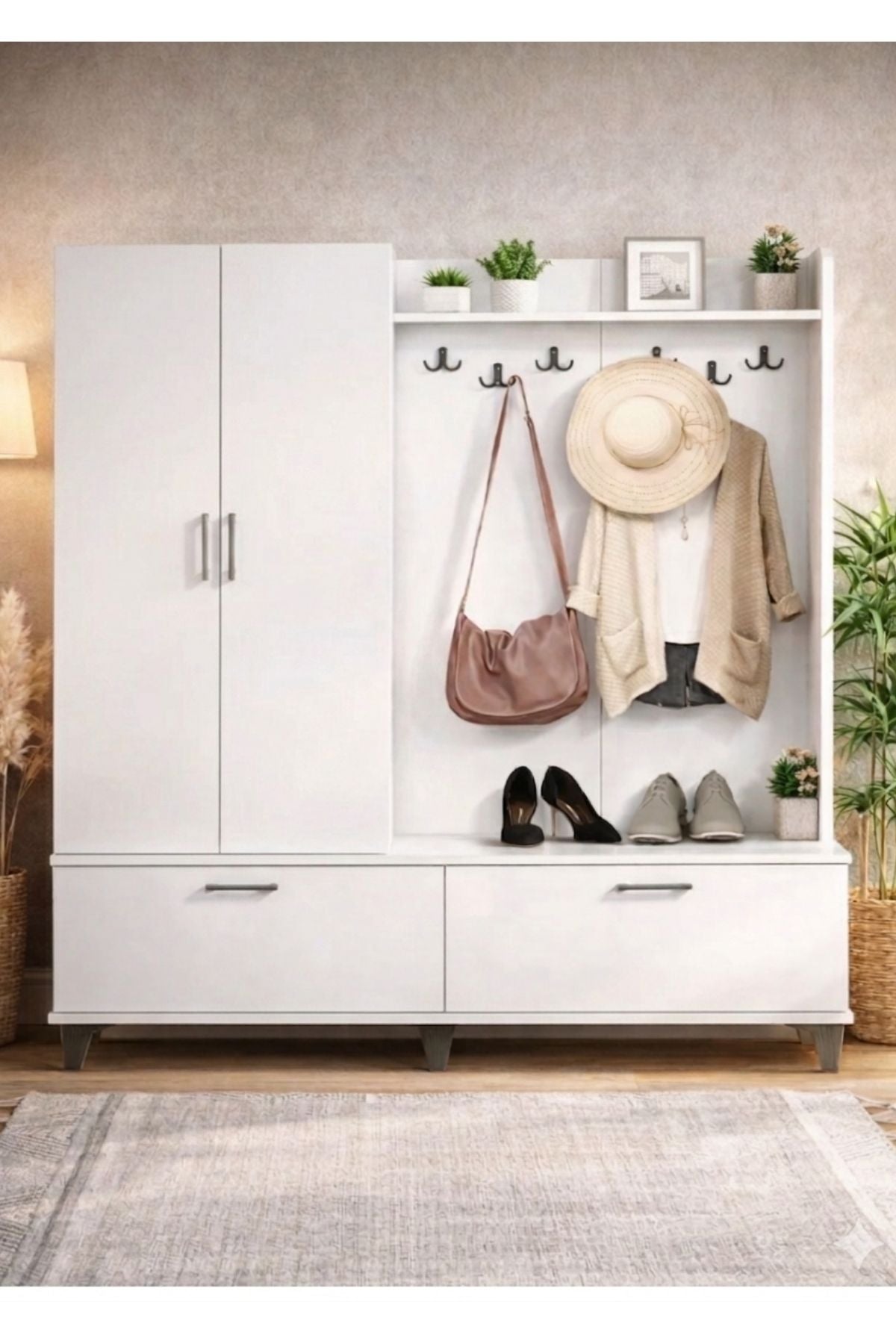 POLO Beyaz 2 iki Kapılı 2 Kapaklı Portmanto,Vestiyer Elbise Askılığı ve Ayakkabılık