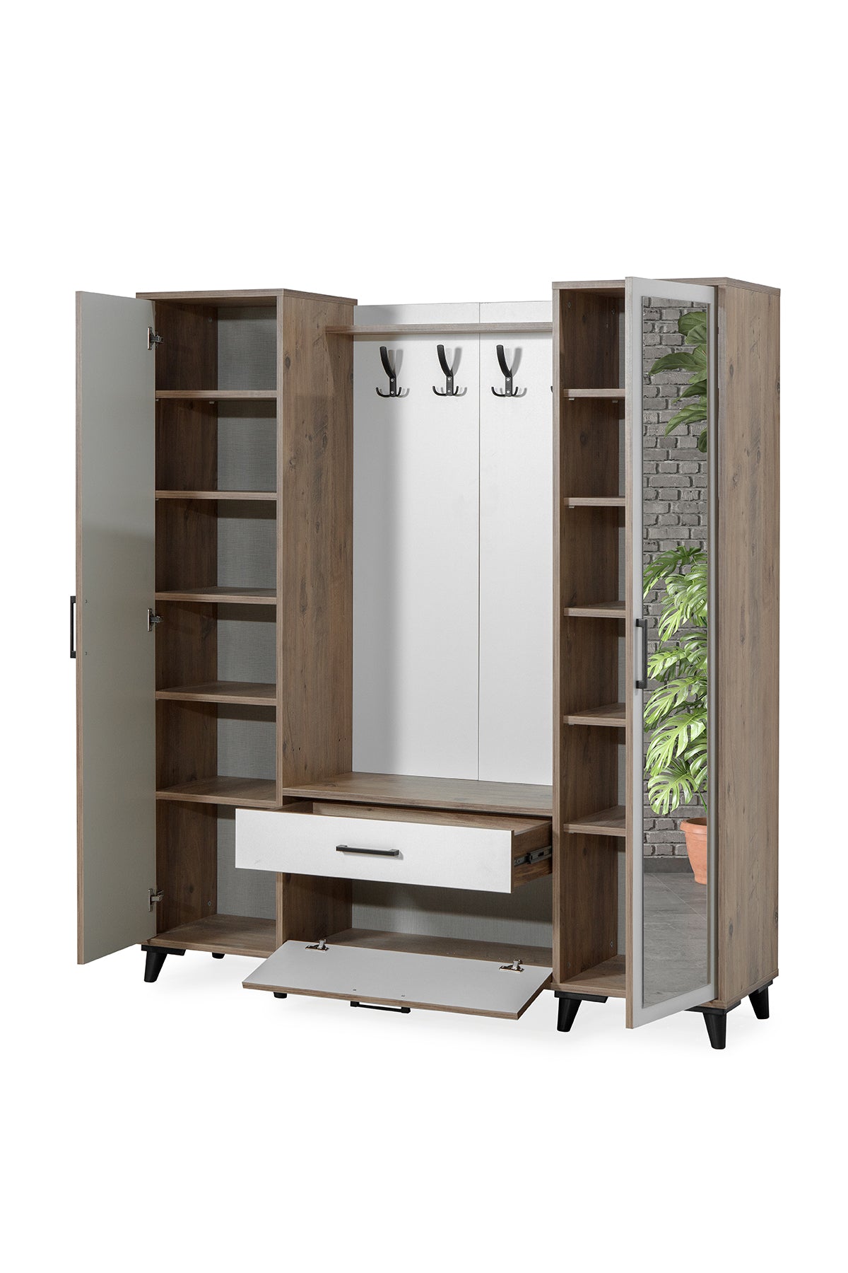 Lotus 2 (İKİ) Kapılı Aynalı Kapaklı Elbise Askılığı, Vestiyer, Portmanto, Ayakkabılık