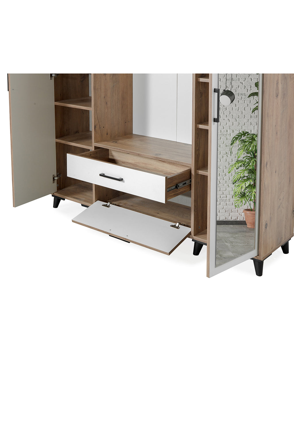 Lotus 2 (İKİ) Kapılı Aynalı Kapaklı Elbise Askılığı, Vestiyer, Portmanto, Ayakkabılık