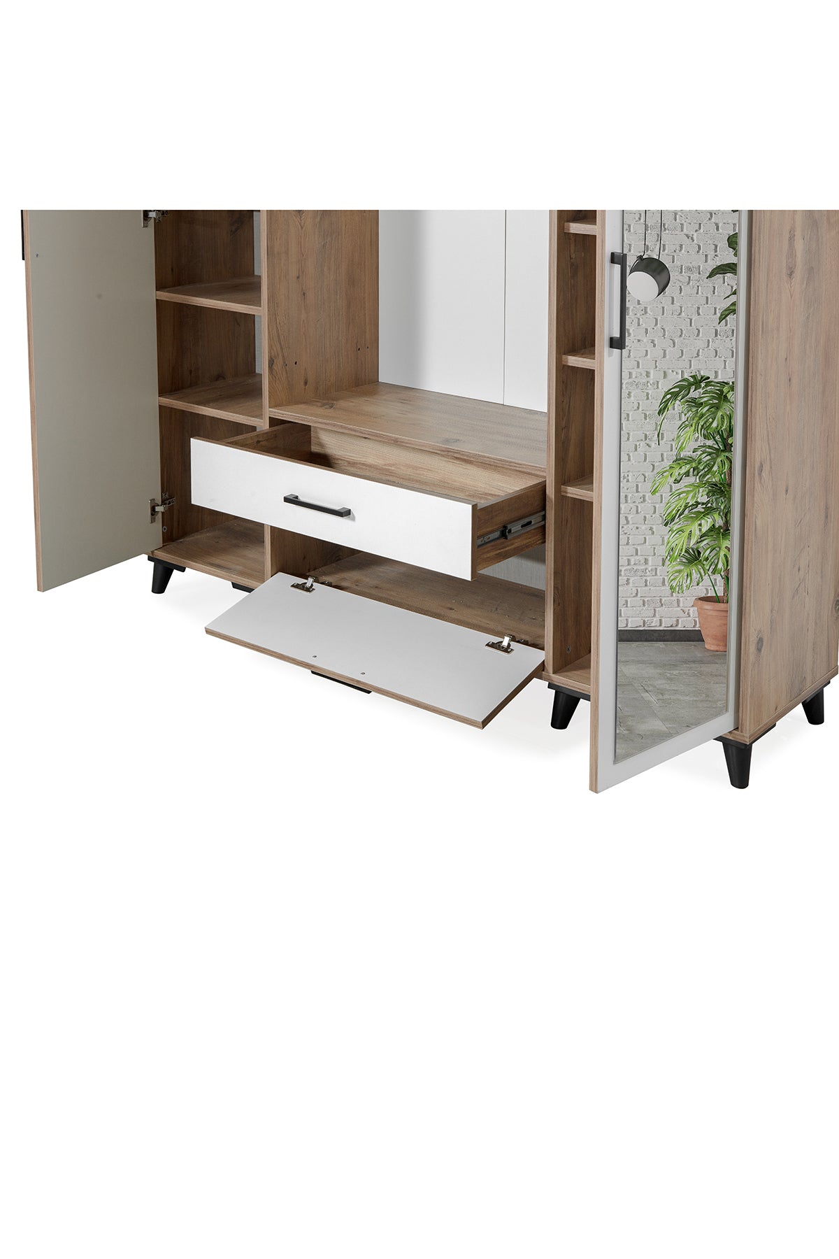 Lotus 2 (İKİ) Kapılı Aynalı Kapaklı Elbise Askılığı, Vestiyer, Portmanto, Ayakkabılık