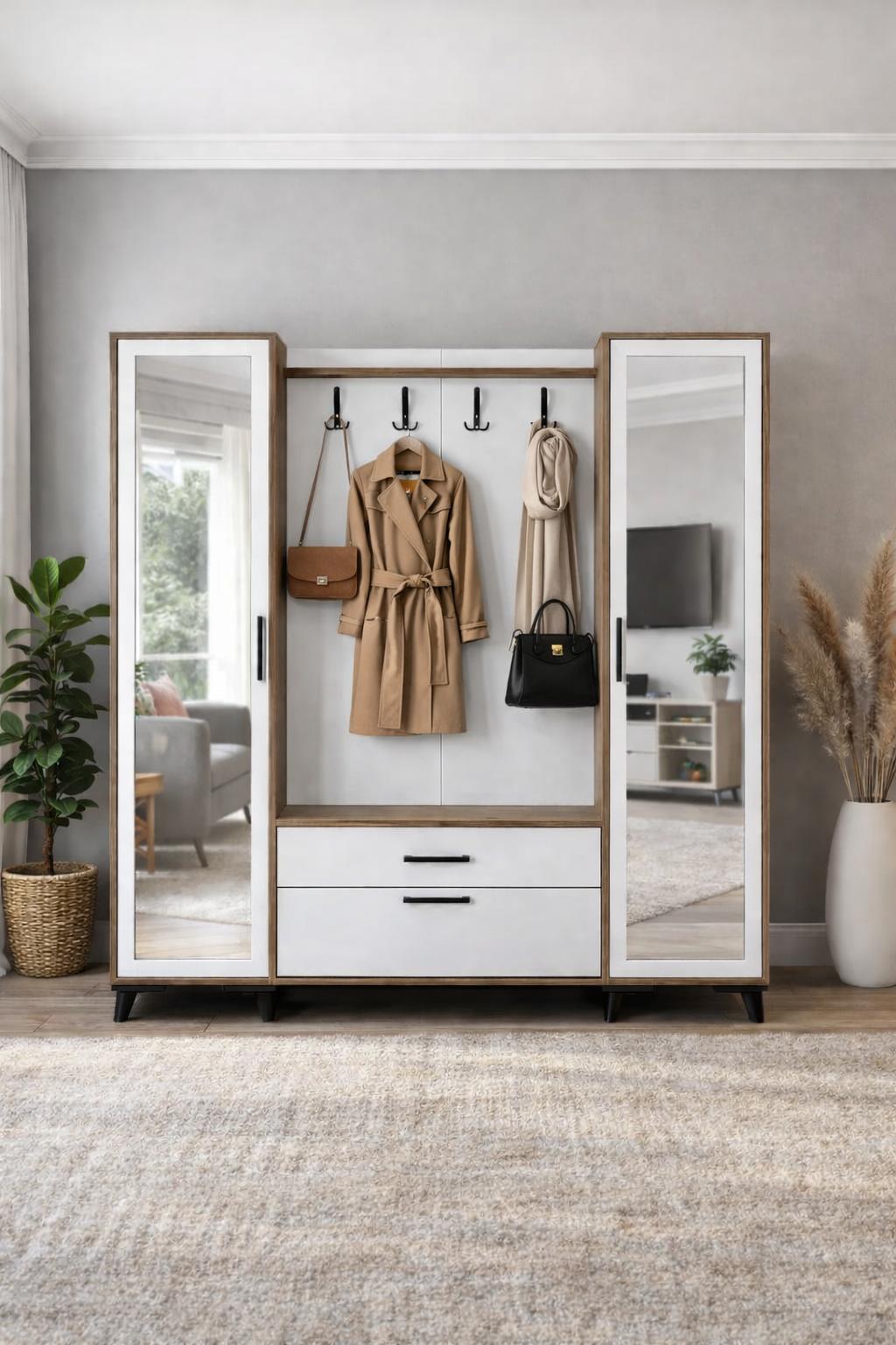 Lotus 2 (İKİ) Kapılı Aynalı Kapaklı Elbise Askılığı, Vestiyer, Portmanto, Ayakkabılık