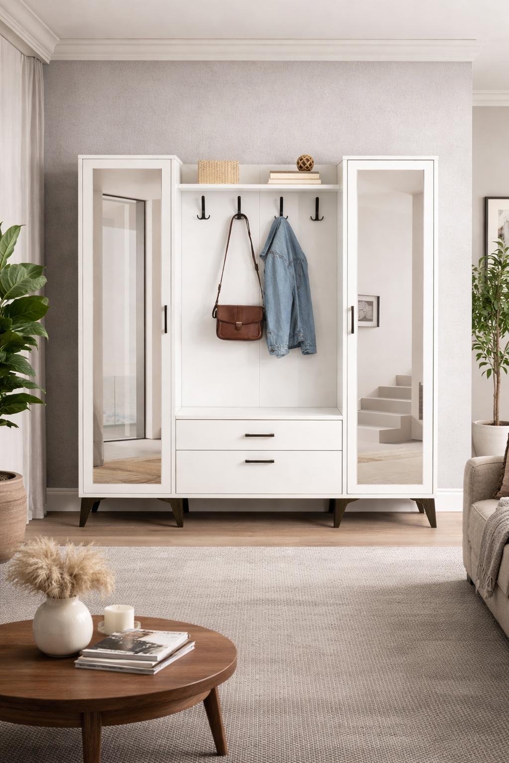 Lotus 2 (İKİ) Kapılı Beyaz Aynalı Kapaklı Elbise Askılığı, Vestiyer, Portmanto, Ayakkabılık