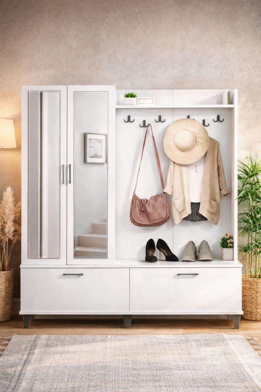 POLO 2 (iki) Kapılı Beyaz Aynalı Elbise  Askılığı Kapaklı Vestiyer,Portmanto,Ayakkabılık