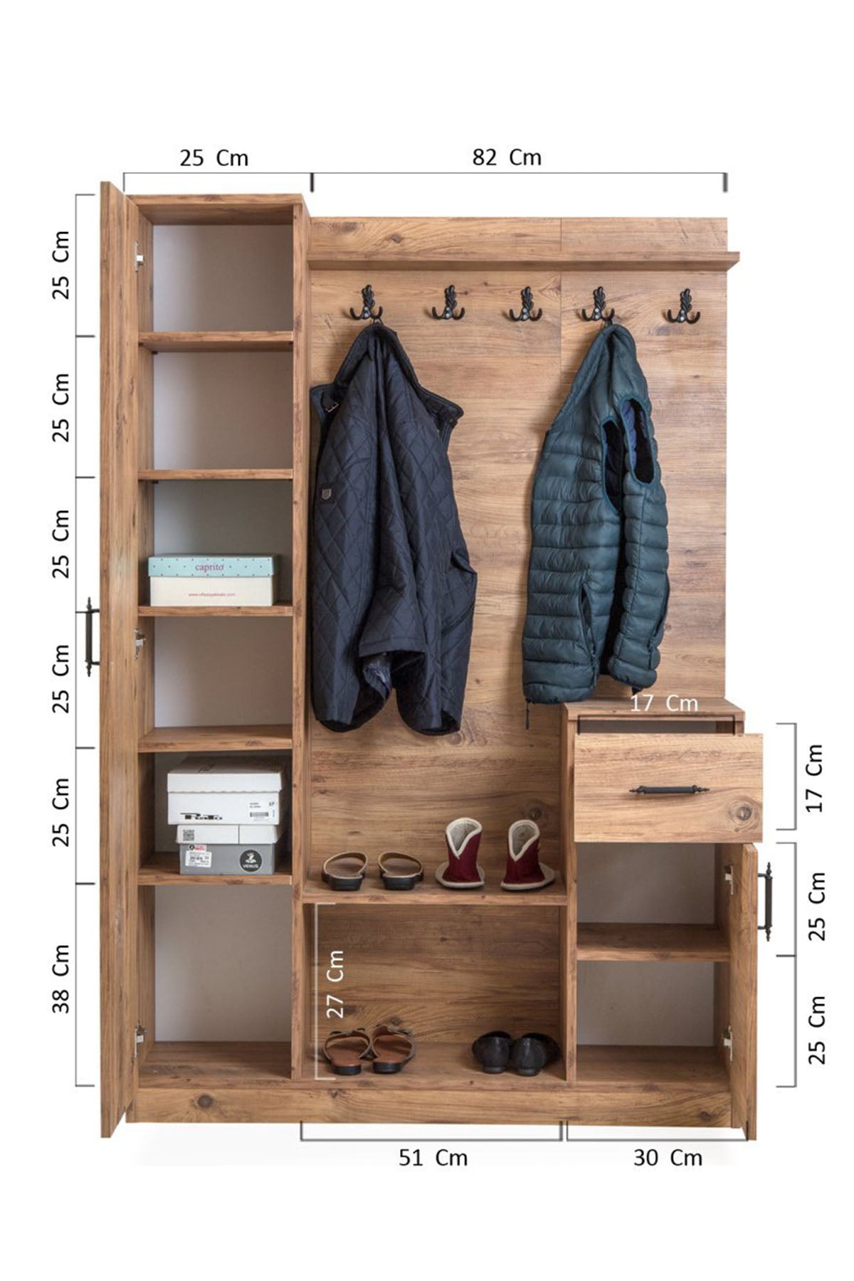 Flora Tek Kapılı Ceviz Aynalı Elbise Askılığı Kapaklı Vestiyer, Portmanto, Ayakkabılık