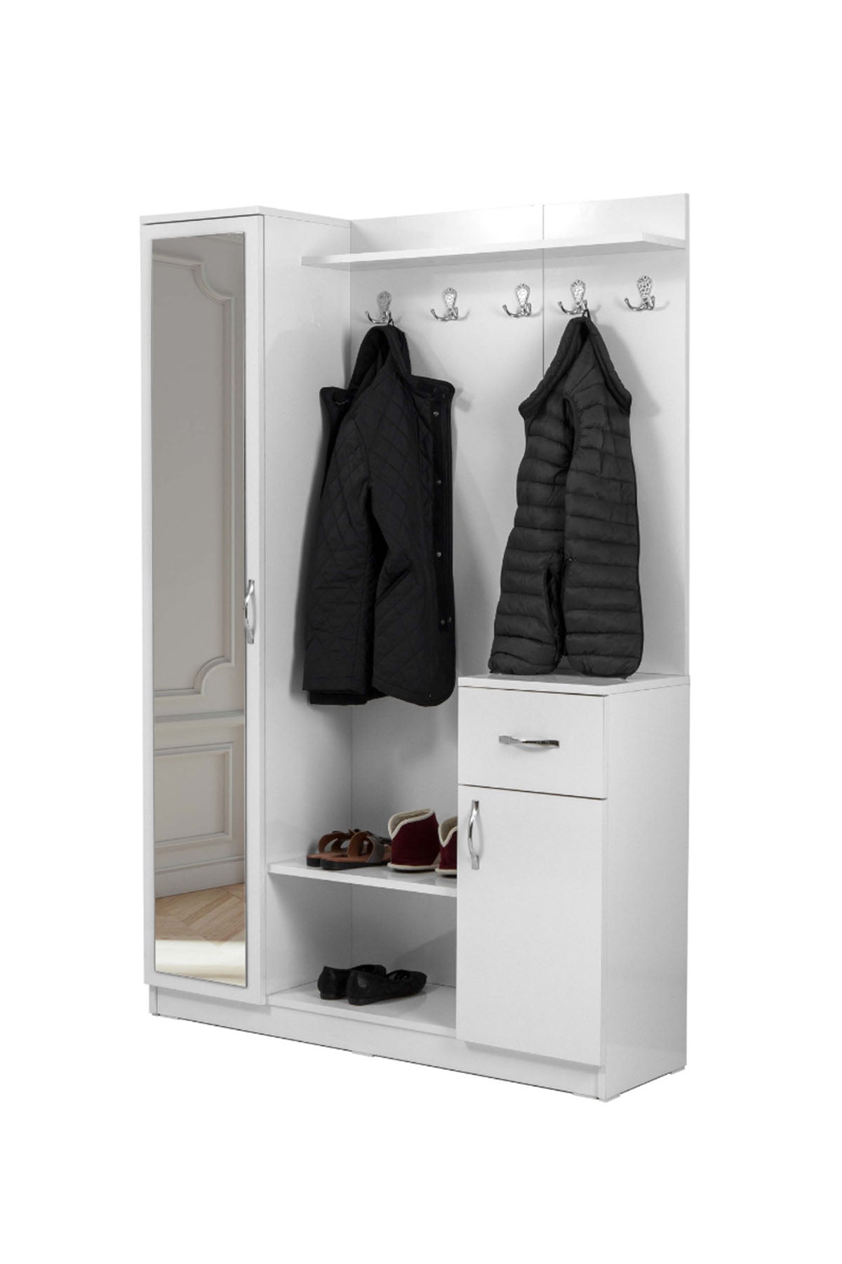 Flora Tek Kapılı Beyaz Aynalı Elbise Askılığı Kapaklı Vestiyer, Portmanto, Ayakkabılık
