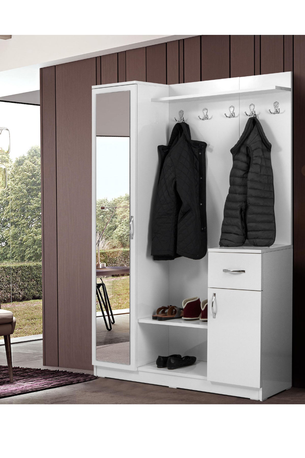 Flora Tek Kapılı Beyaz Aynalı Elbise Askılığı Kapaklı Vestiyer, Portmanto, Ayakkabılık