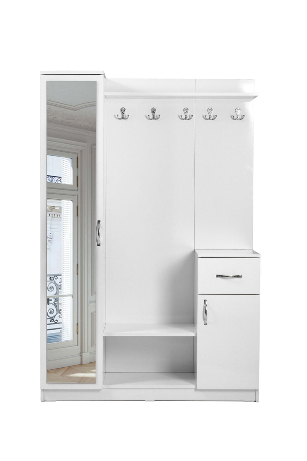 Flora Tek Kapılı Beyaz Aynalı Elbise Askılığı Kapaklı Vestiyer, Portmanto, Ayakkabılık