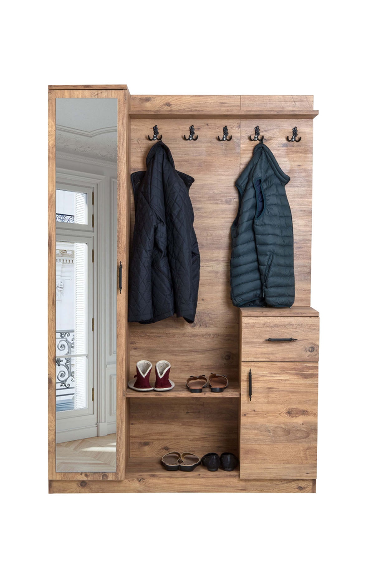 Flora Tek Kapılı Ceviz Aynalı Elbise Askılığı Kapaklı Vestiyer, Portmanto, Ayakkabılık