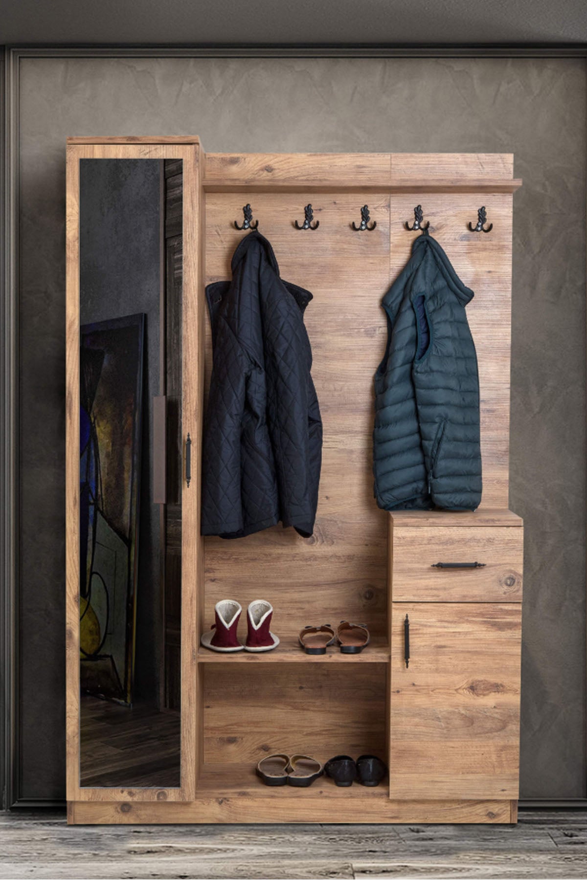 Flora Tek Kapılı Ceviz Aynalı Elbise Askılığı Kapaklı Vestiyer, Portmanto, Ayakkabılık