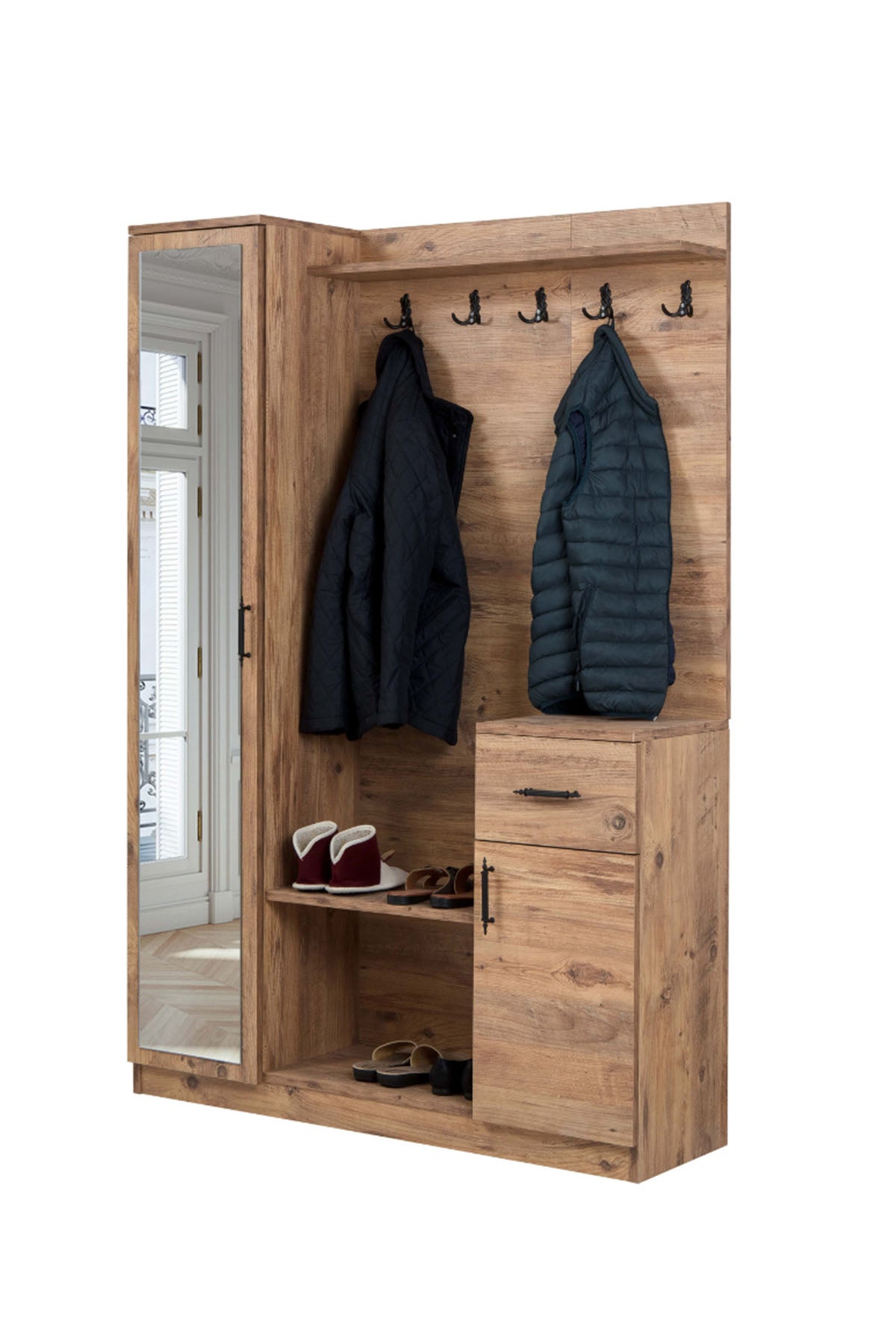 Flora Tek Kapılı Ceviz Aynalı Elbise Askılığı Kapaklı Vestiyer, Portmanto, Ayakkabılık