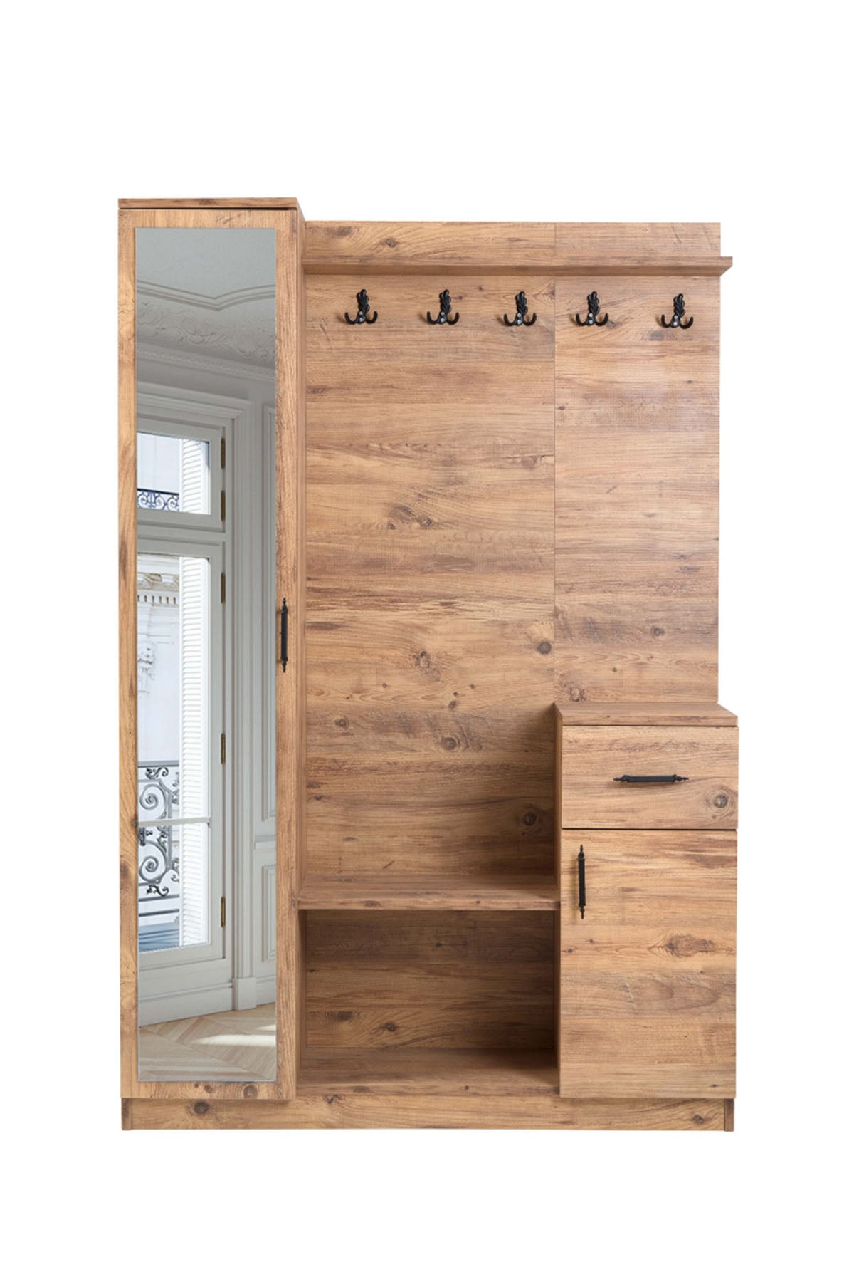 Flora Tek Kapılı Ceviz Aynalı Elbise Askılığı Kapaklı Vestiyer, Portmanto, Ayakkabılık